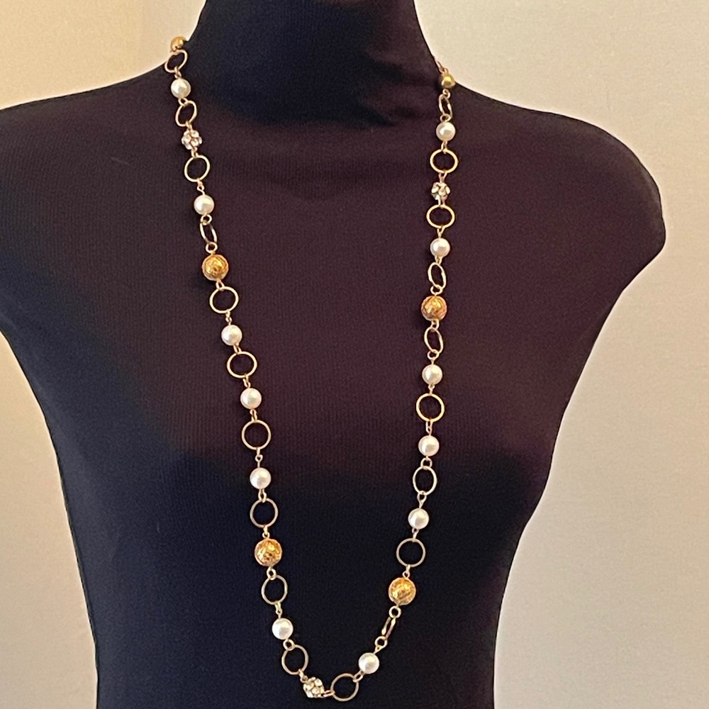 Gold Tone‎ Faux Pearl Rhinestone Station Long Necklace Adjustable Chain 39 Inch